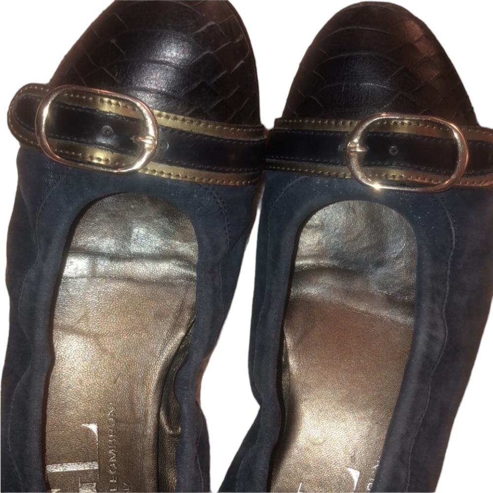 ATTILO GUiSTI LEOBRUNI AGl size 10 navy blue suede ballet Flat alligatar trim